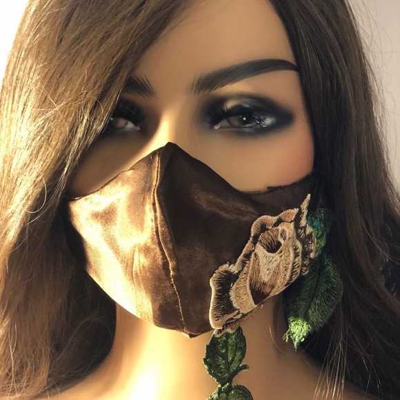 NEW Handmade Brown Satin/Cotton Face Mask W/Flower - Picture 1 of 1